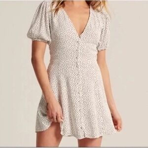 Abercrombie & Fitch Polka Dot Button Front Mini Dress White Black Puff Sleeves M